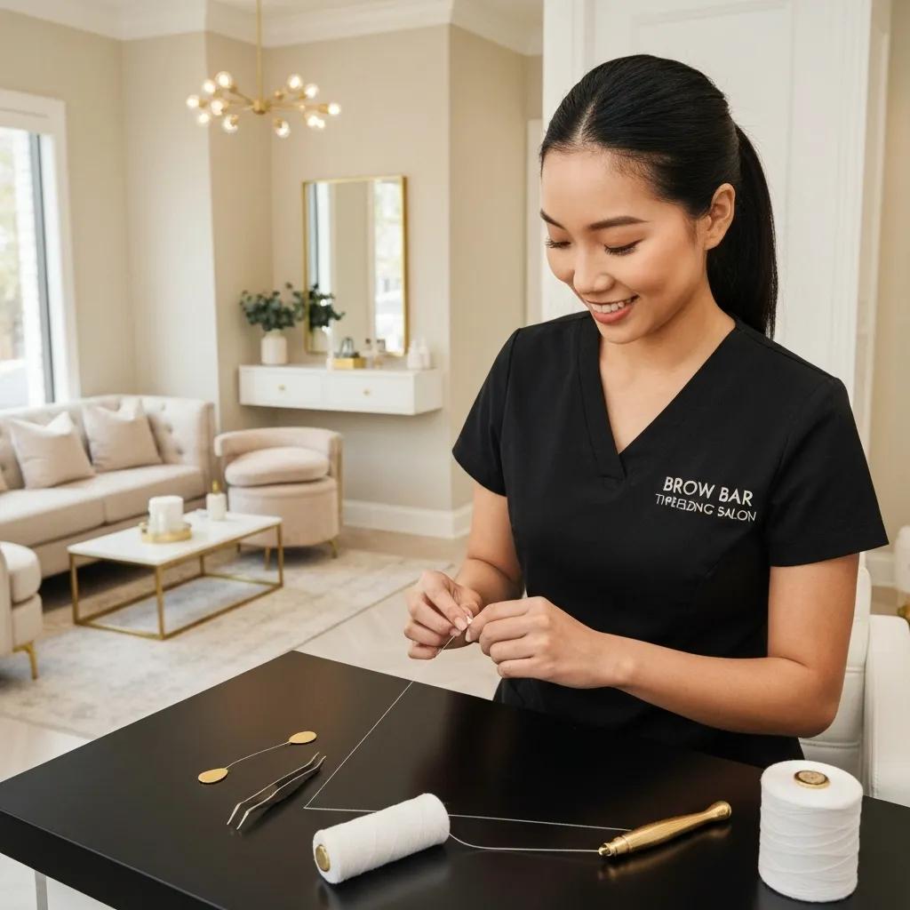 Brow Bar Threading Salon interior showcasing a clean and welcoming atmosphere with an esthetician preparing for a brow threading session